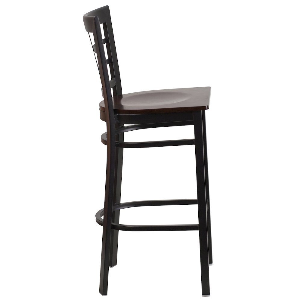 Black Window Back Metal Restaurant Barstool – Walnut Wood Seat
