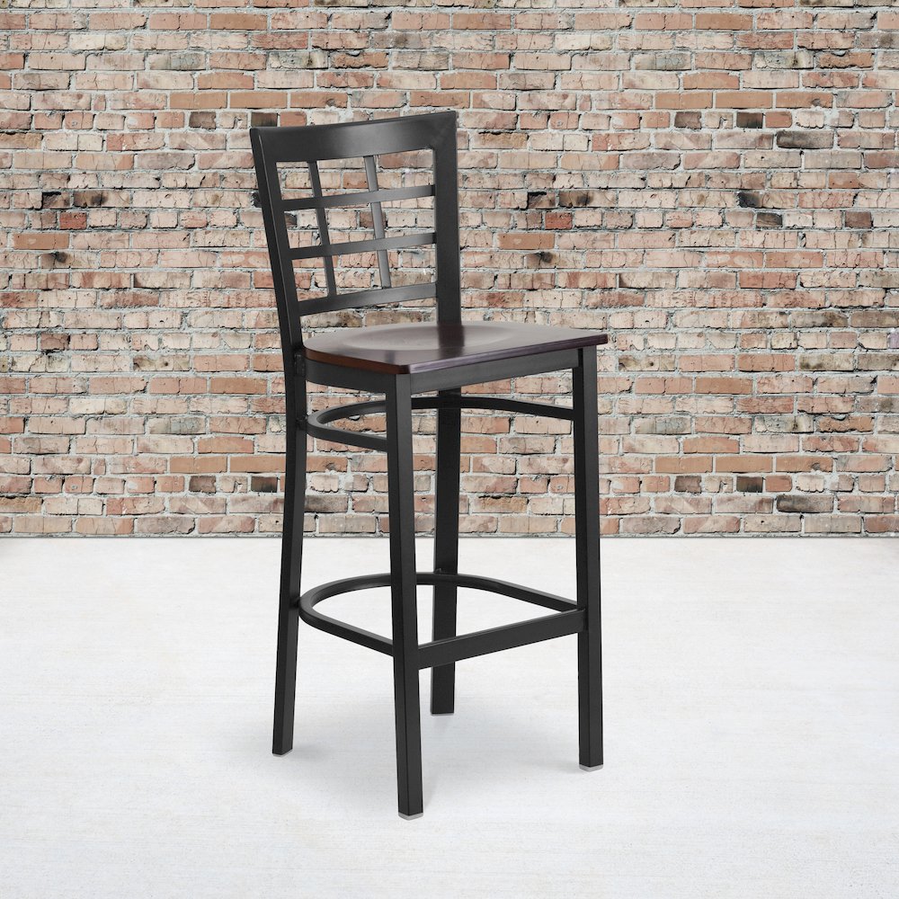 Black Window Back Metal Restaurant Barstool – Walnut Wood Seat