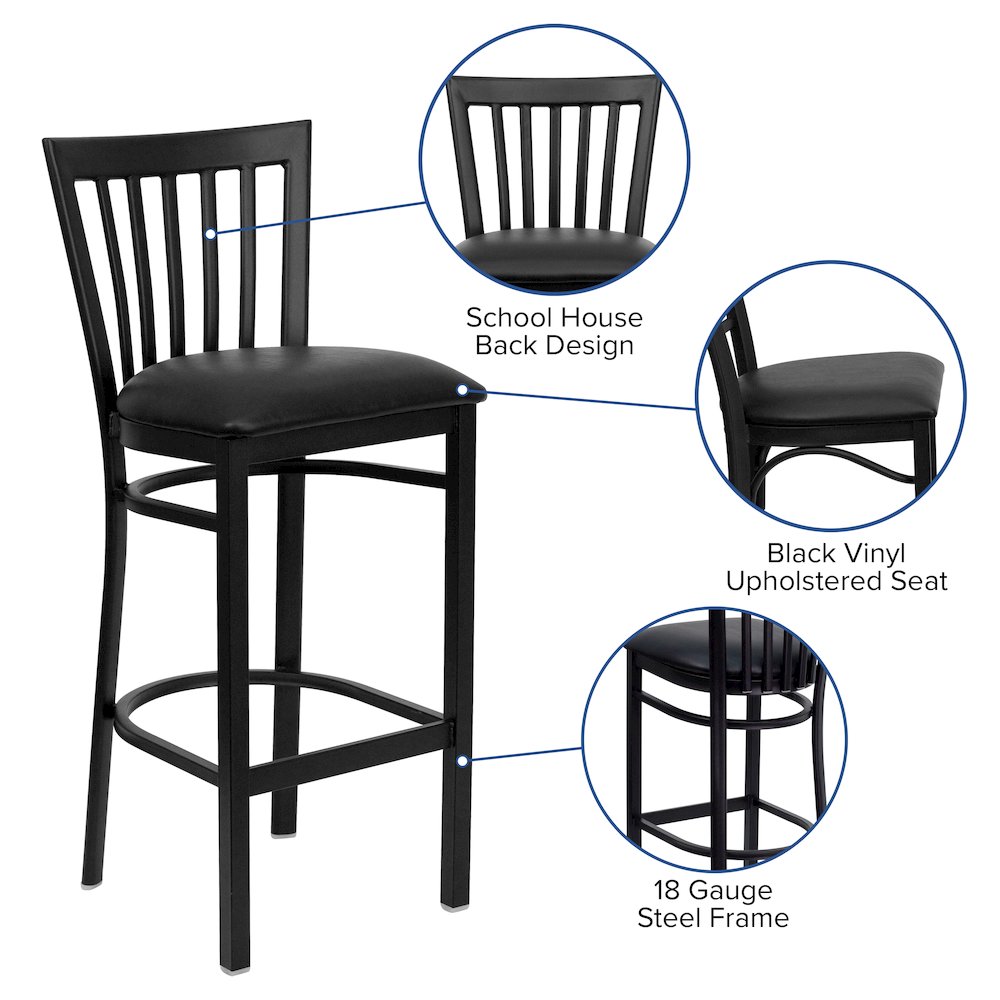 Black School House Back Metal Restaurant Barstool – Black Vinyl Seat