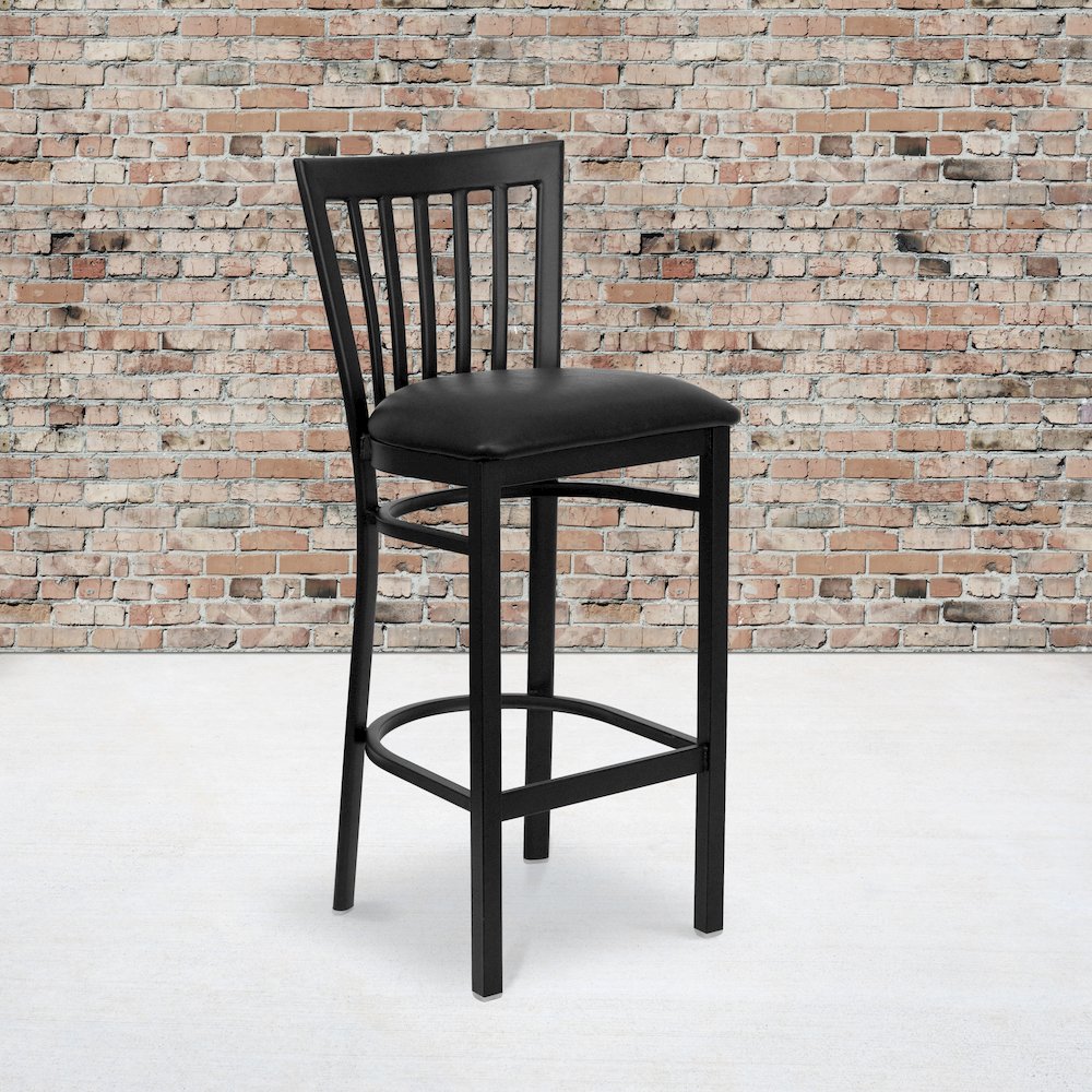 Black School House Back Metal Restaurant Barstool – Black Vinyl Seat