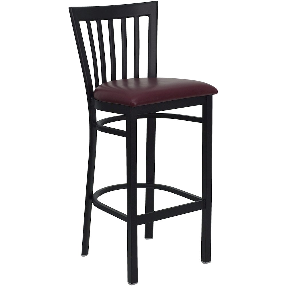 Black School House Back Metal Restaurant Barstool – Burgundy Vinyl Seat