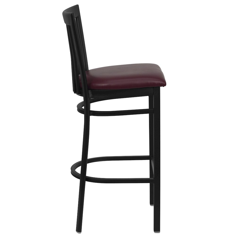 Black School House Back Metal Restaurant Barstool – Burgundy Vinyl Seat