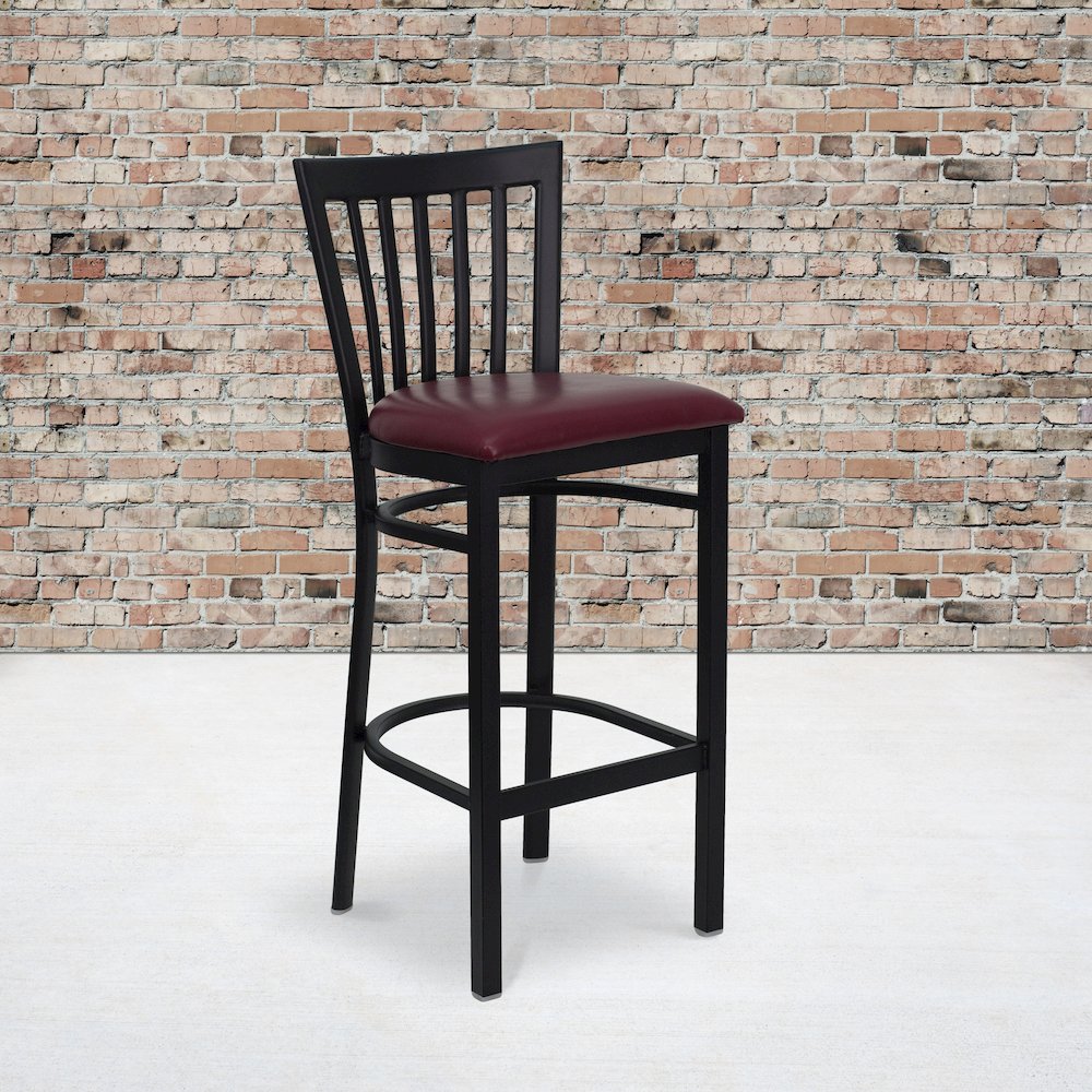 Black School House Back Metal Restaurant Barstool – Burgundy Vinyl Seat