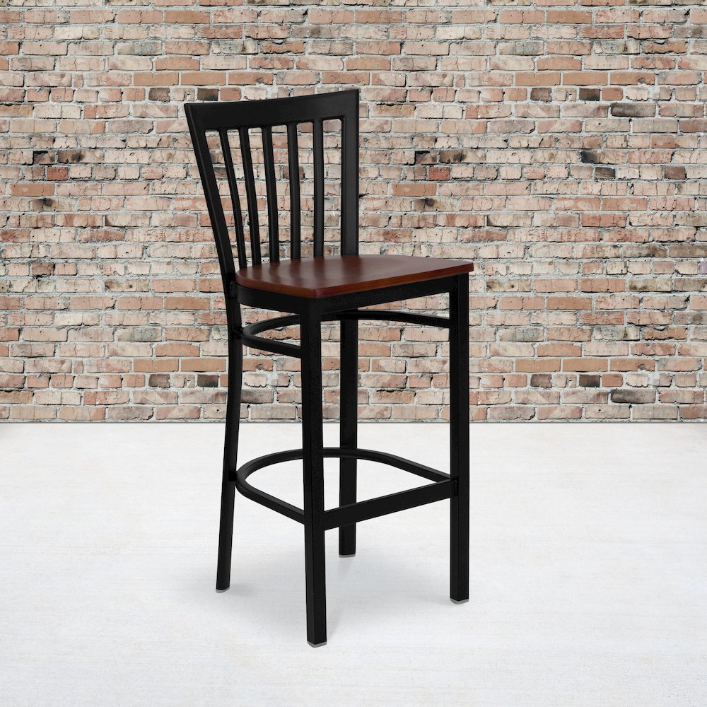 Black School House Back Metal Restaurant Barstool – Cherry Wood Seat