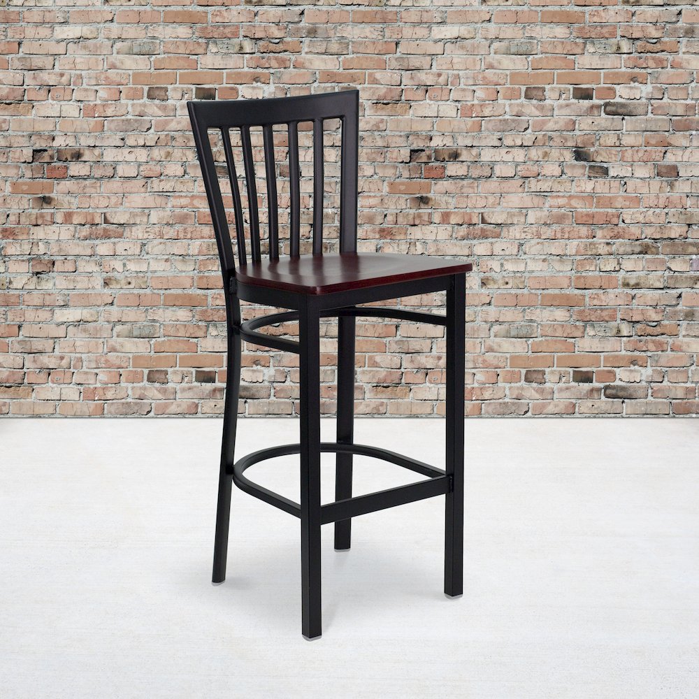 Black School House Back Metal Restaurant Barstool – Mahogany Wood Seat
