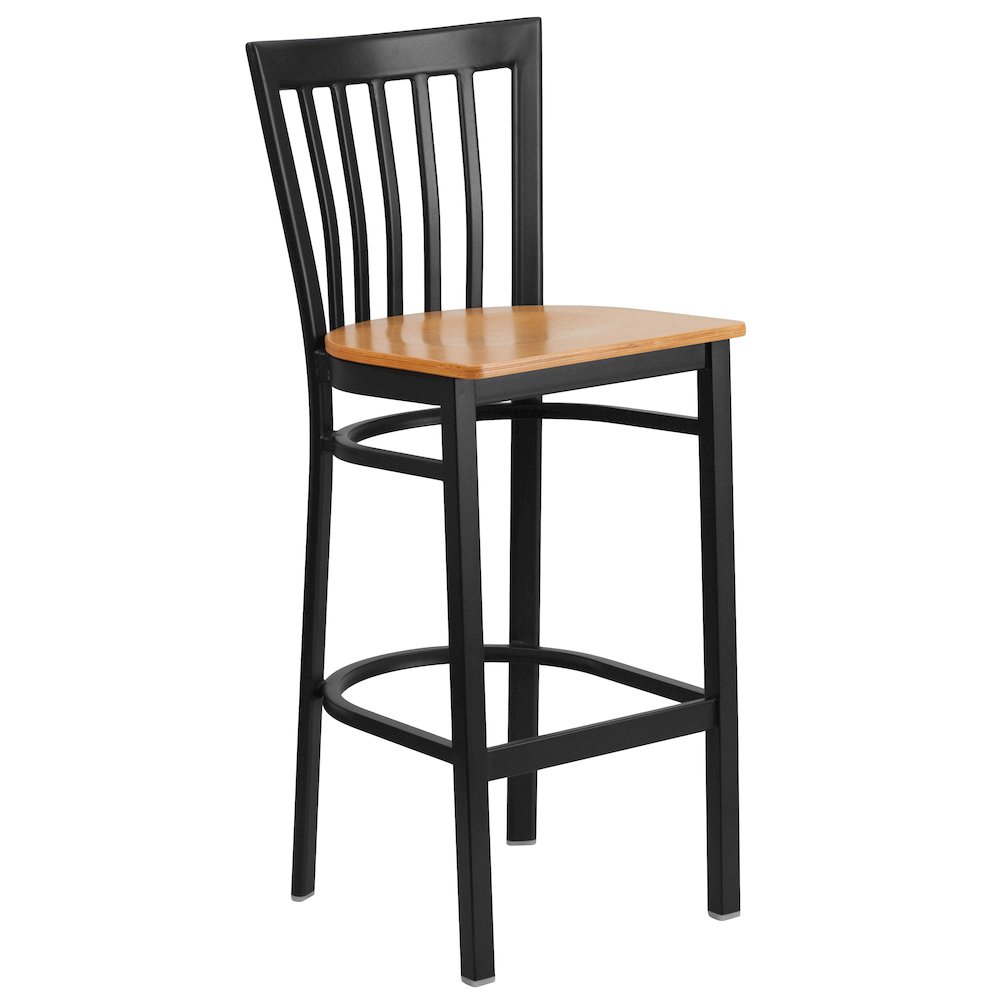 Black School House Back Metal Restaurant Barstool – Natural Wood Seat