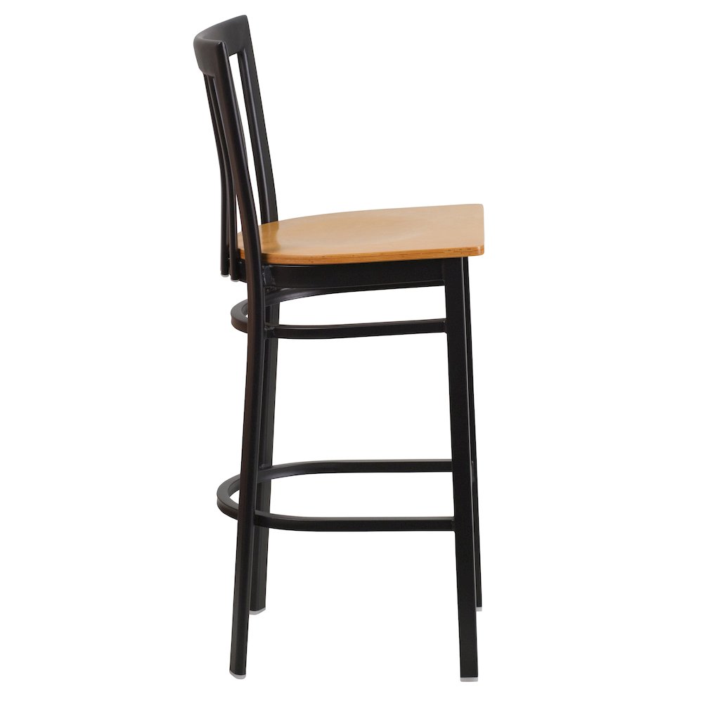 Black School House Back Metal Restaurant Barstool – Natural Wood Seat