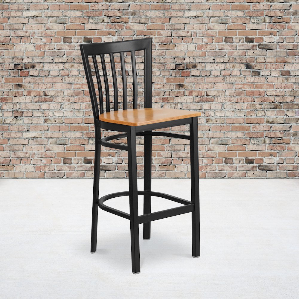 Black School House Back Metal Restaurant Barstool – Natural Wood Seat