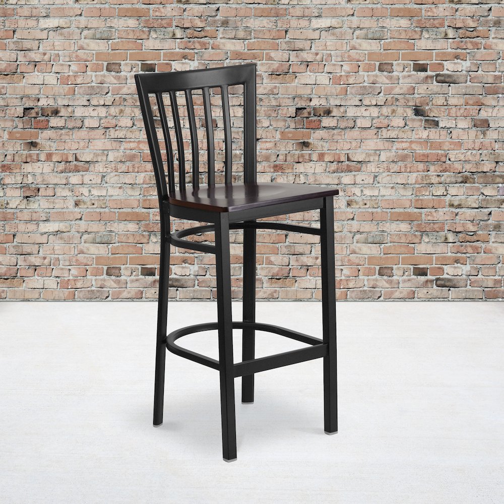 Black School House Back Metal Restaurant Barstool – Walnut Wood Seat