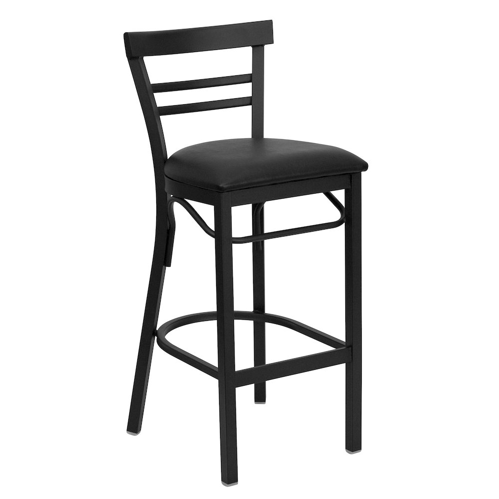 Black Two-Slat Ladder Back Metal Restaurant Barstool – Black Vinyl Seat