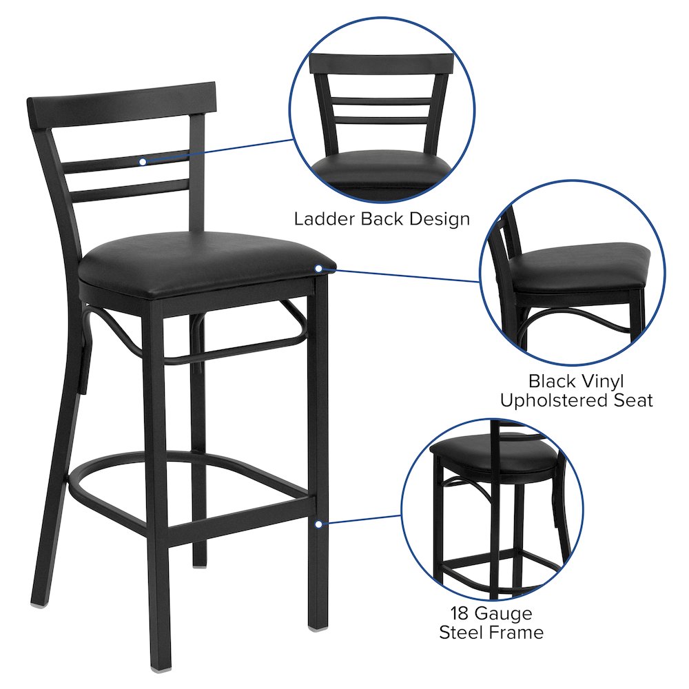 Black Two-Slat Ladder Back Metal Restaurant Barstool – Black Vinyl Seat