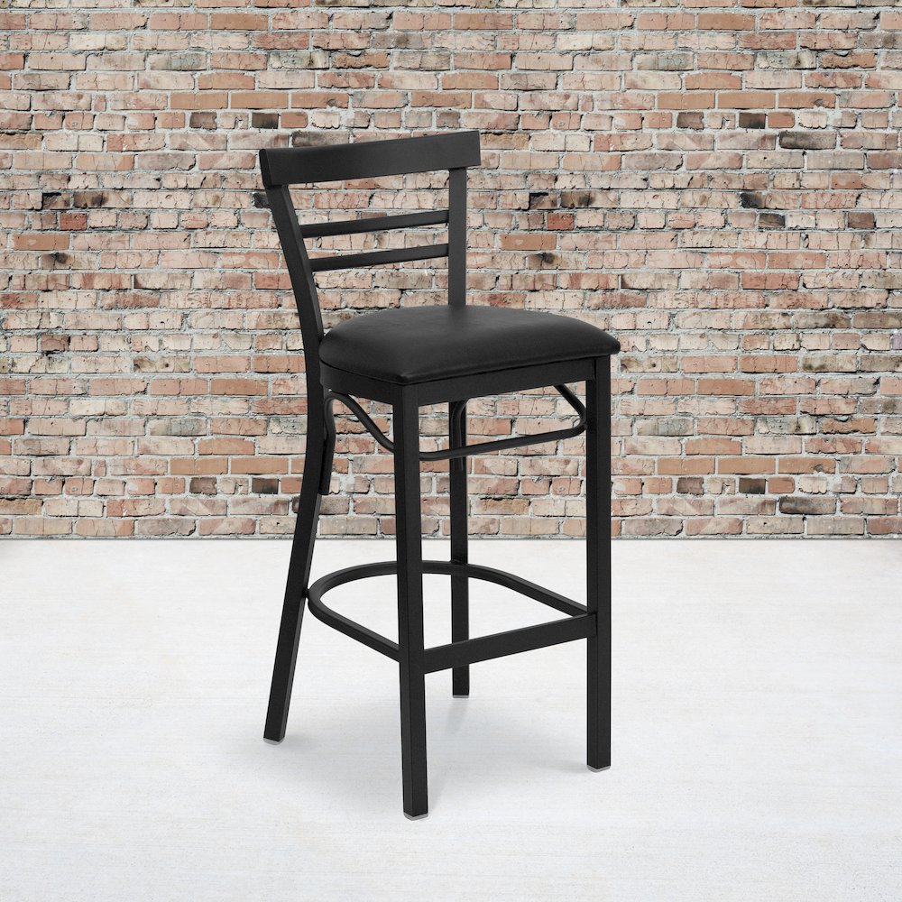 Black Two-Slat Ladder Back Metal Restaurant Barstool – Black Vinyl Seat