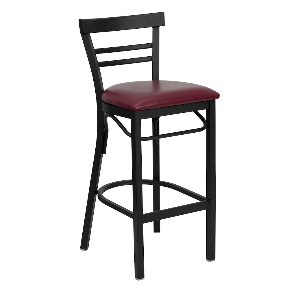 Black Two-Slat Ladder Back Metal Restaurant Barstool – Burgundy Vinyl Seat