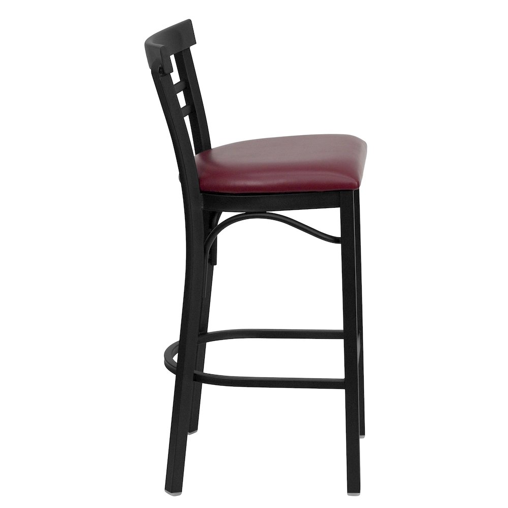 Black Two-Slat Ladder Back Metal Restaurant Barstool – Burgundy Vinyl Seat