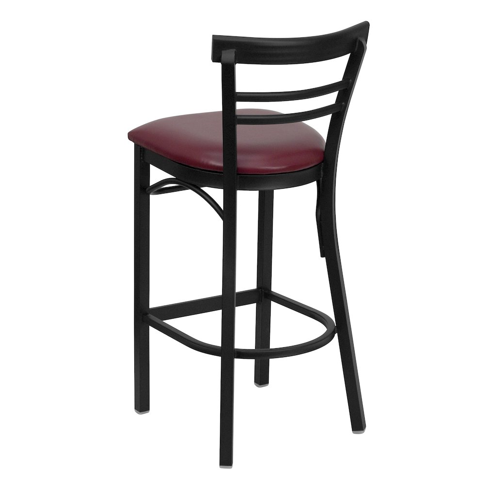 Black Two-Slat Ladder Back Metal Restaurant Barstool – Burgundy Vinyl Seat