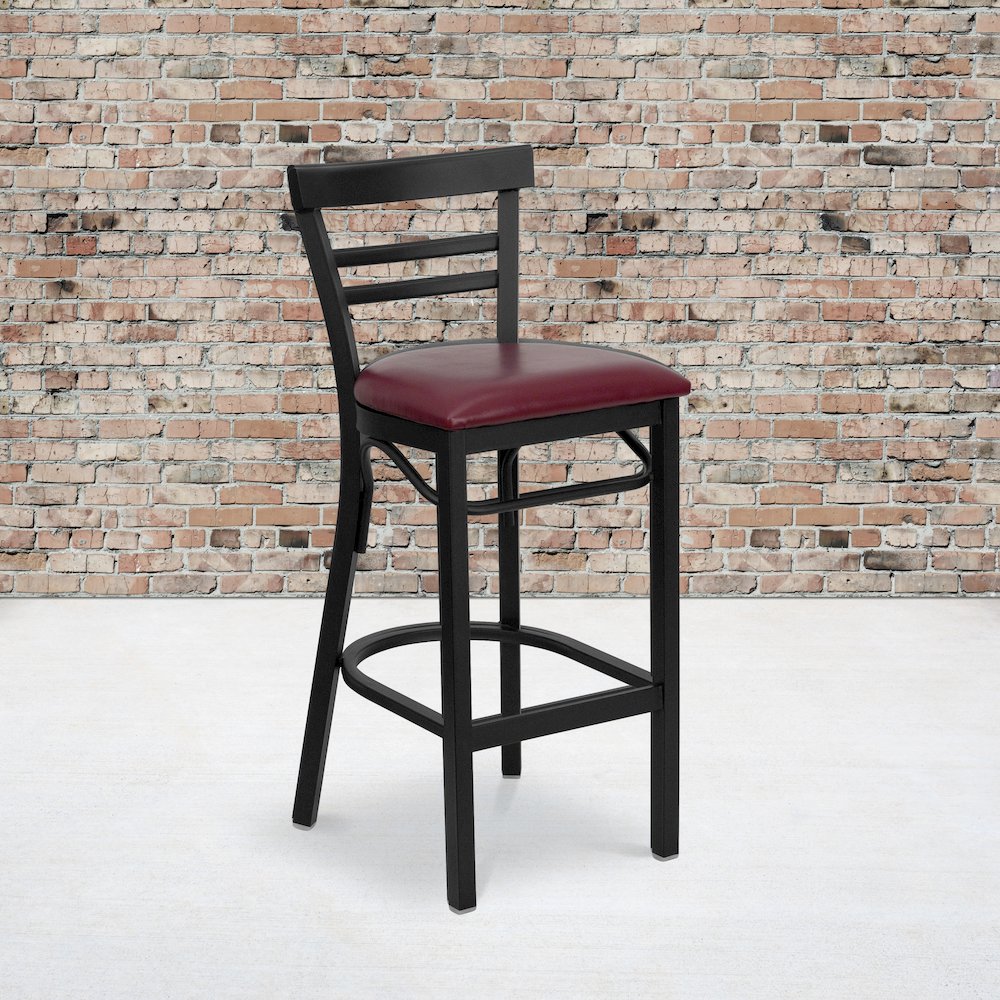 Black Two-Slat Ladder Back Metal Restaurant Barstool – Burgundy Vinyl Seat