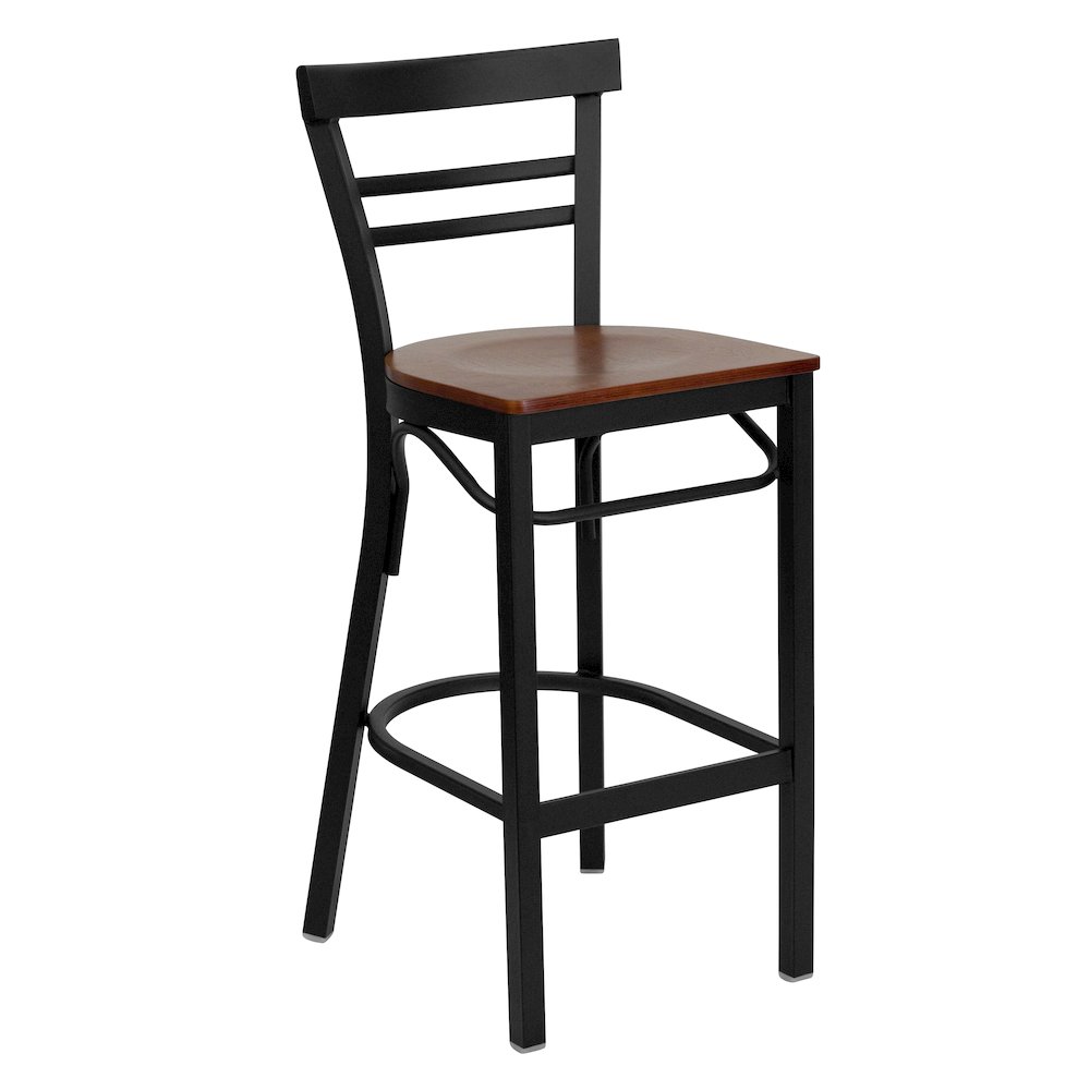 Black Two-Slat Ladder Back Metal Restaurant Barstool – Cherry Wood Seat