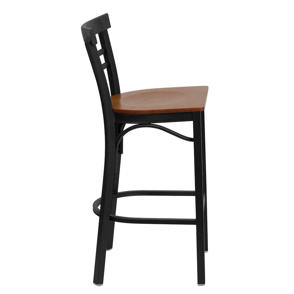Black Two-Slat Ladder Back Metal Restaurant Barstool – Cherry Wood Seat