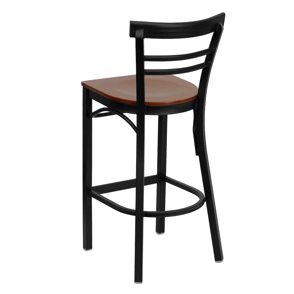 Black Two-Slat Ladder Back Metal Restaurant Barstool – Cherry Wood Seat