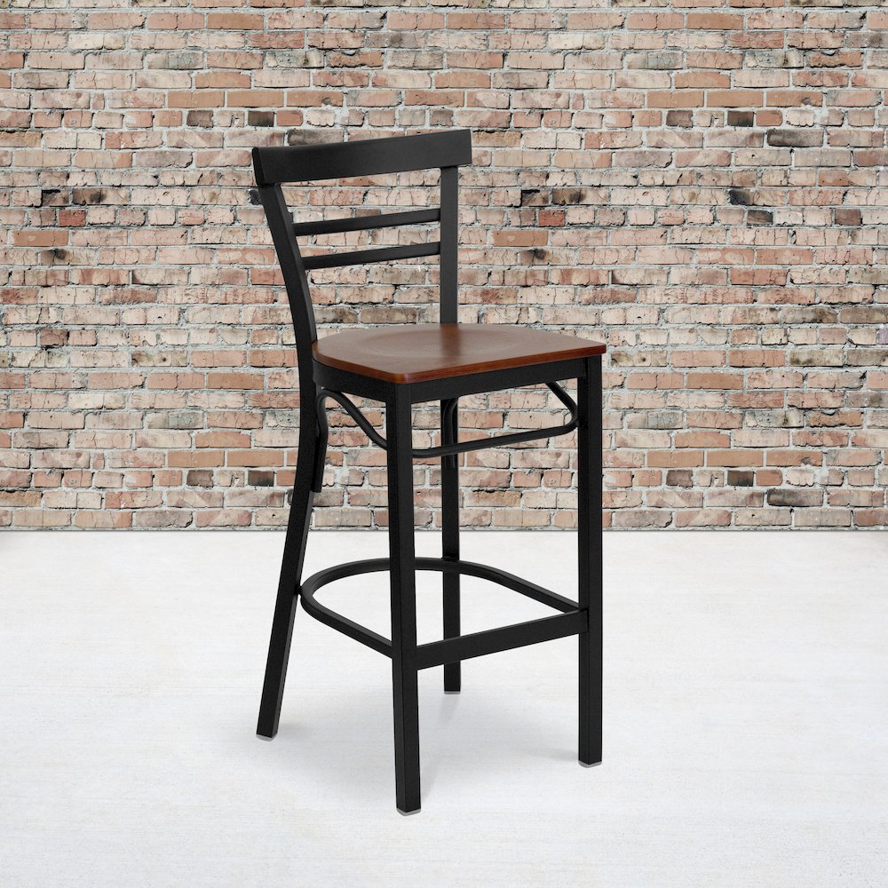 Black Two-Slat Ladder Back Metal Restaurant Barstool – Cherry Wood Seat