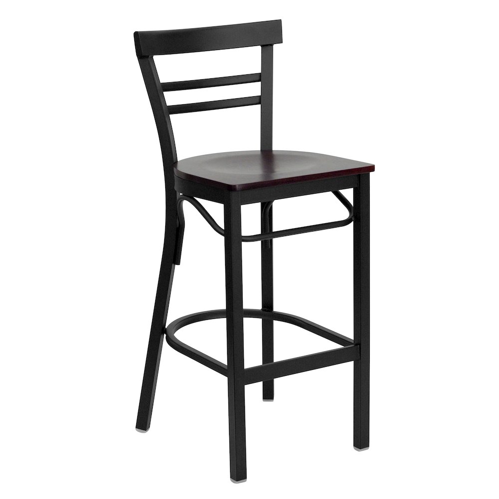 Black Two-Slat Ladder Back Metal Restaurant Barstool – Mahogany Wood Seat