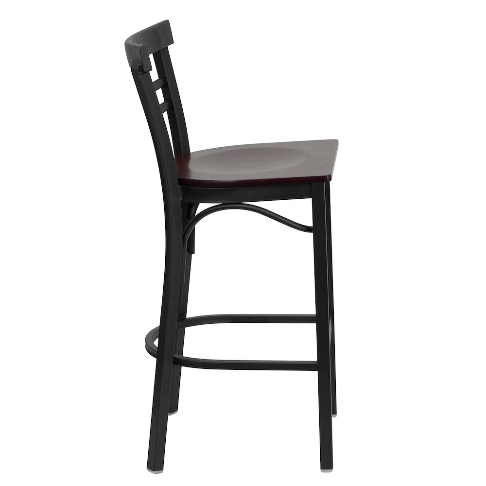 Black Two-Slat Ladder Back Metal Restaurant Barstool – Mahogany Wood Seat