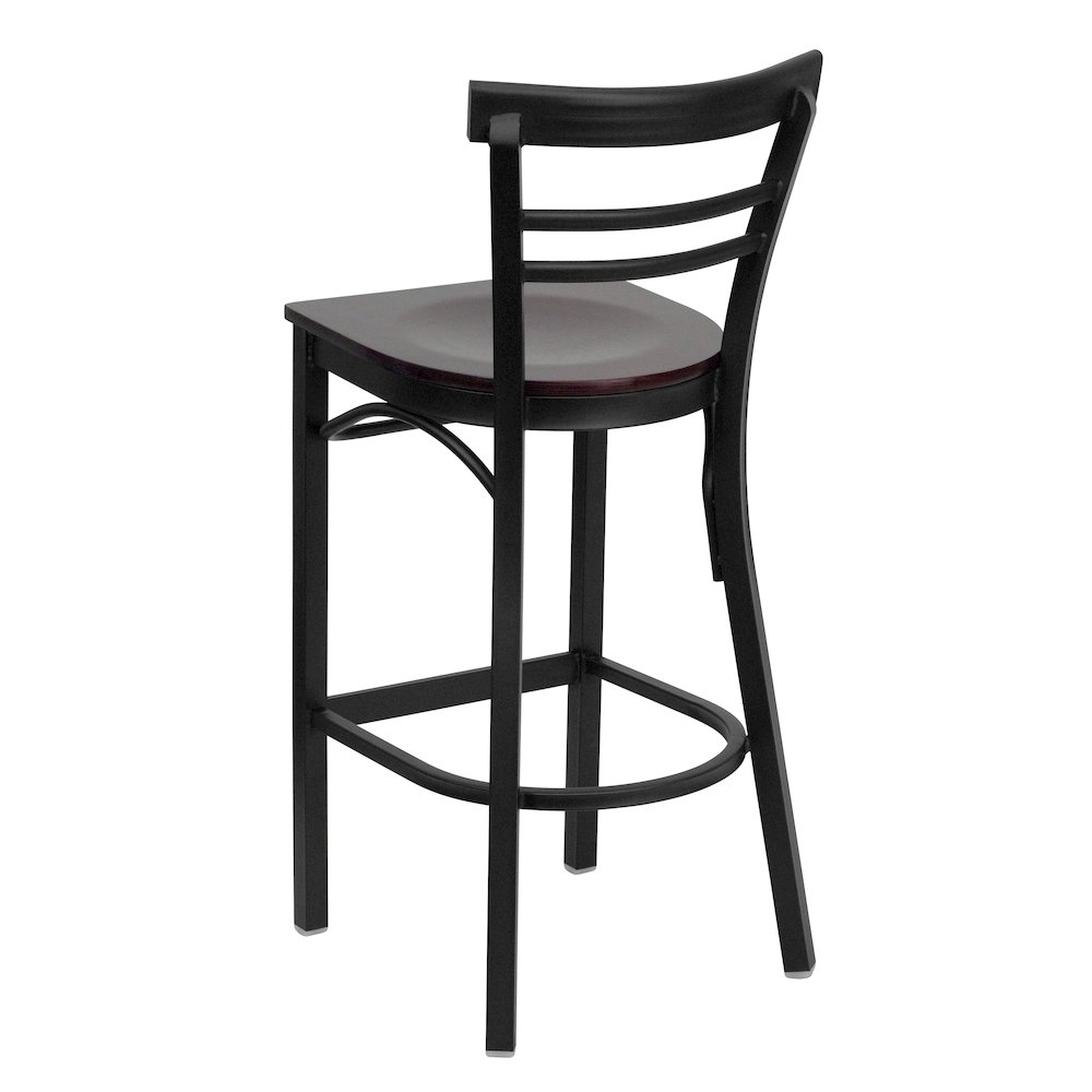Black Two-Slat Ladder Back Metal Restaurant Barstool – Mahogany Wood Seat