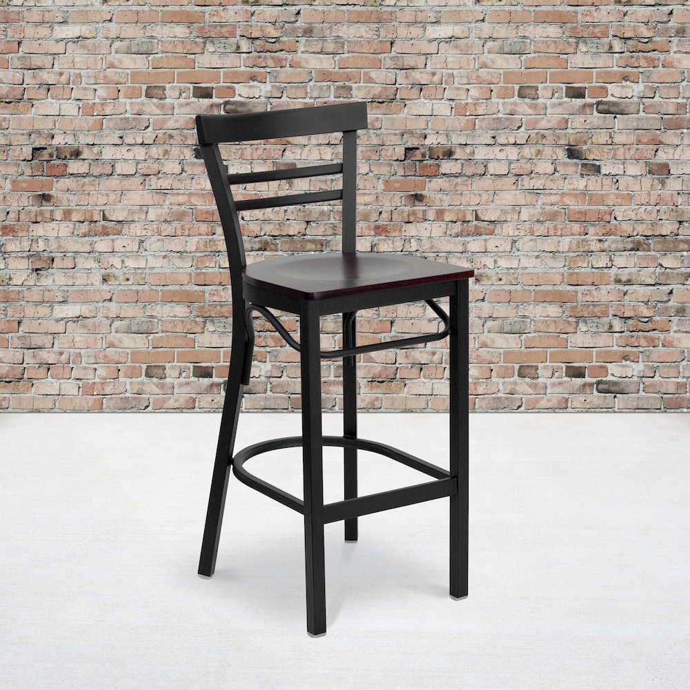 Black Two-Slat Ladder Back Metal Restaurant Barstool – Mahogany Wood Seat