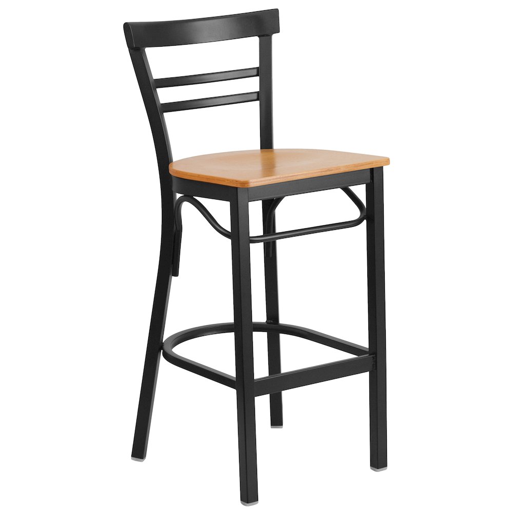 Black Two-Slat Ladder Back Metal Restaurant Barstool – Natural Wood Seat