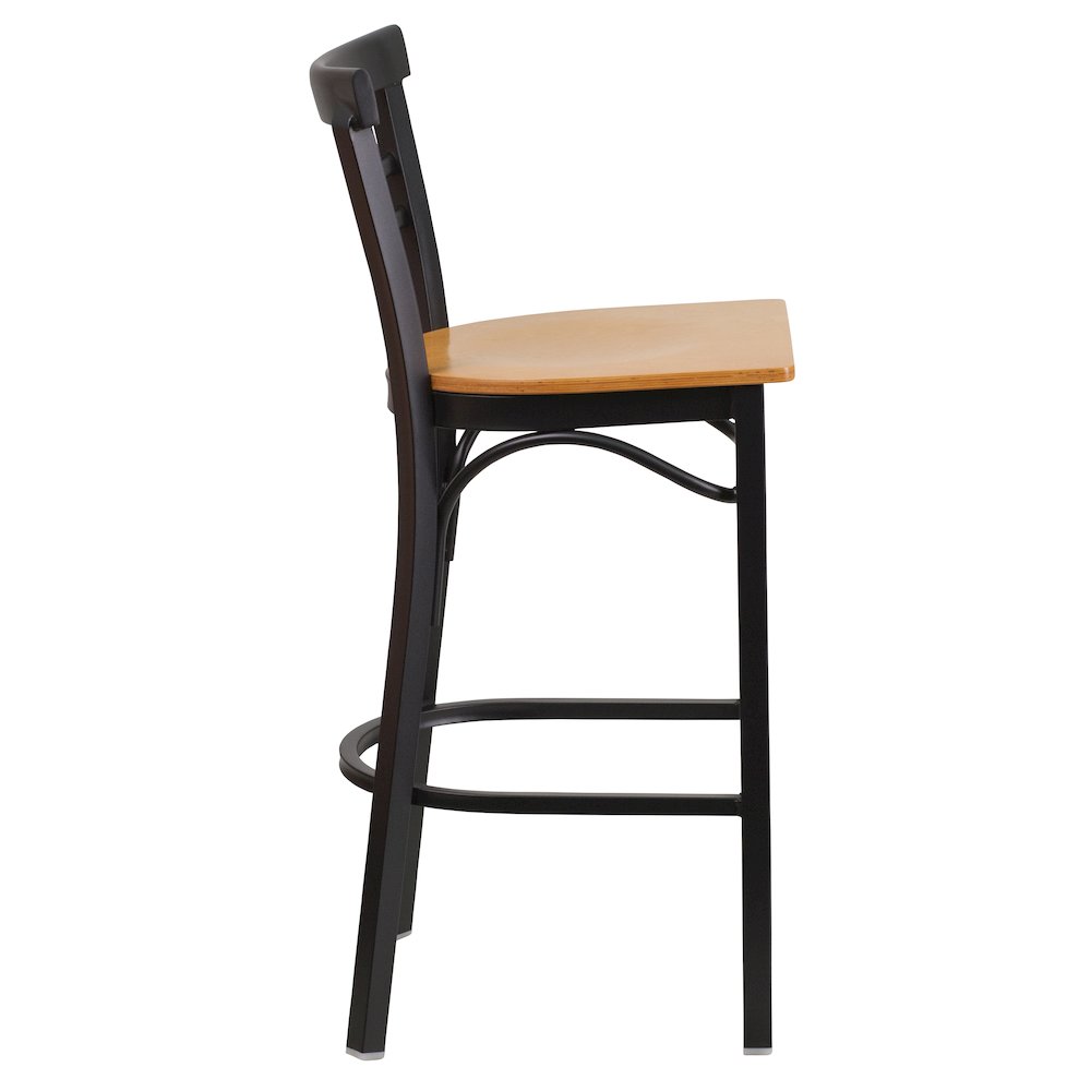 Black Two-Slat Ladder Back Metal Restaurant Barstool – Natural Wood Seat