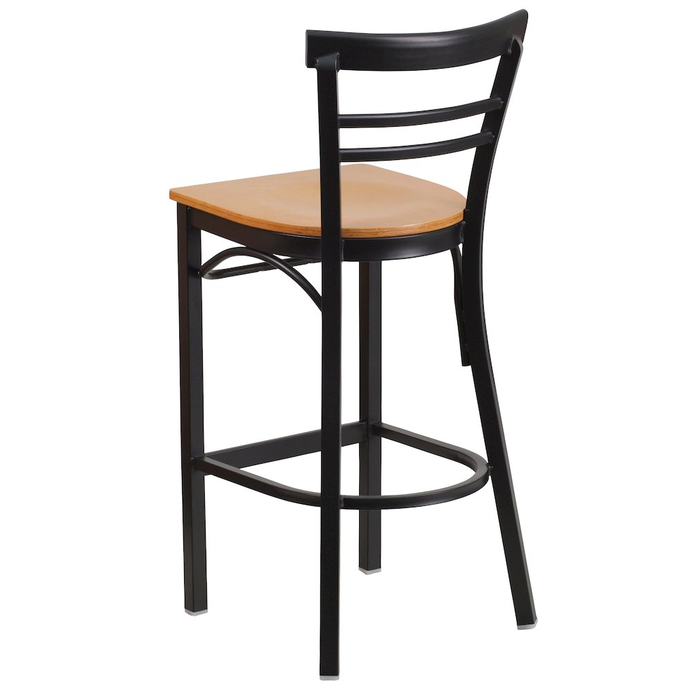 Black Two-Slat Ladder Back Metal Restaurant Barstool – Natural Wood Seat