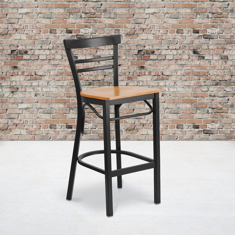 Black Two-Slat Ladder Back Metal Restaurant Barstool – Natural Wood Seat