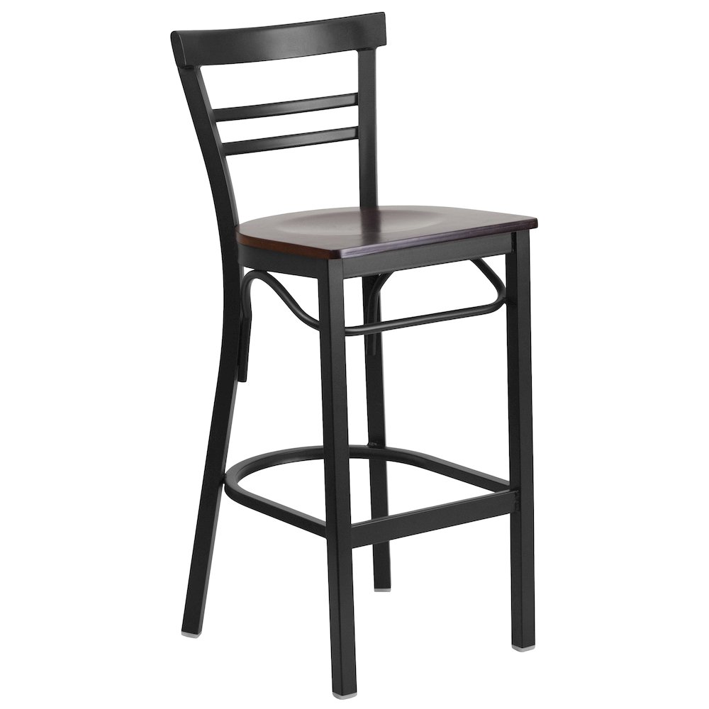 Black Two-Slat Ladder Back Metal Restaurant Barstool – Walnut Wood Seat