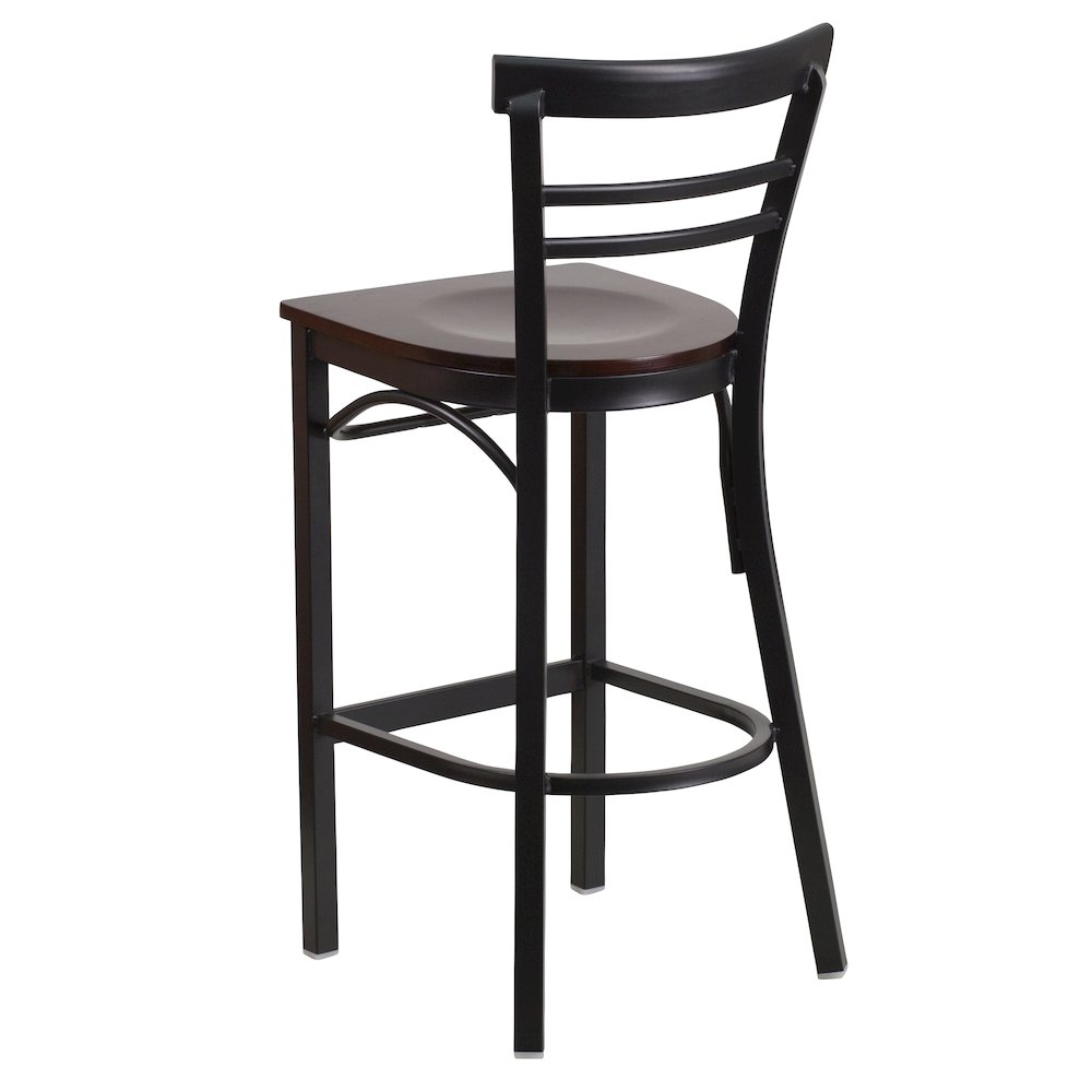 Black Two-Slat Ladder Back Metal Restaurant Barstool – Walnut Wood Seat