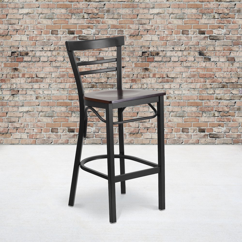 Black Two-Slat Ladder Back Metal Restaurant Barstool – Walnut Wood Seat