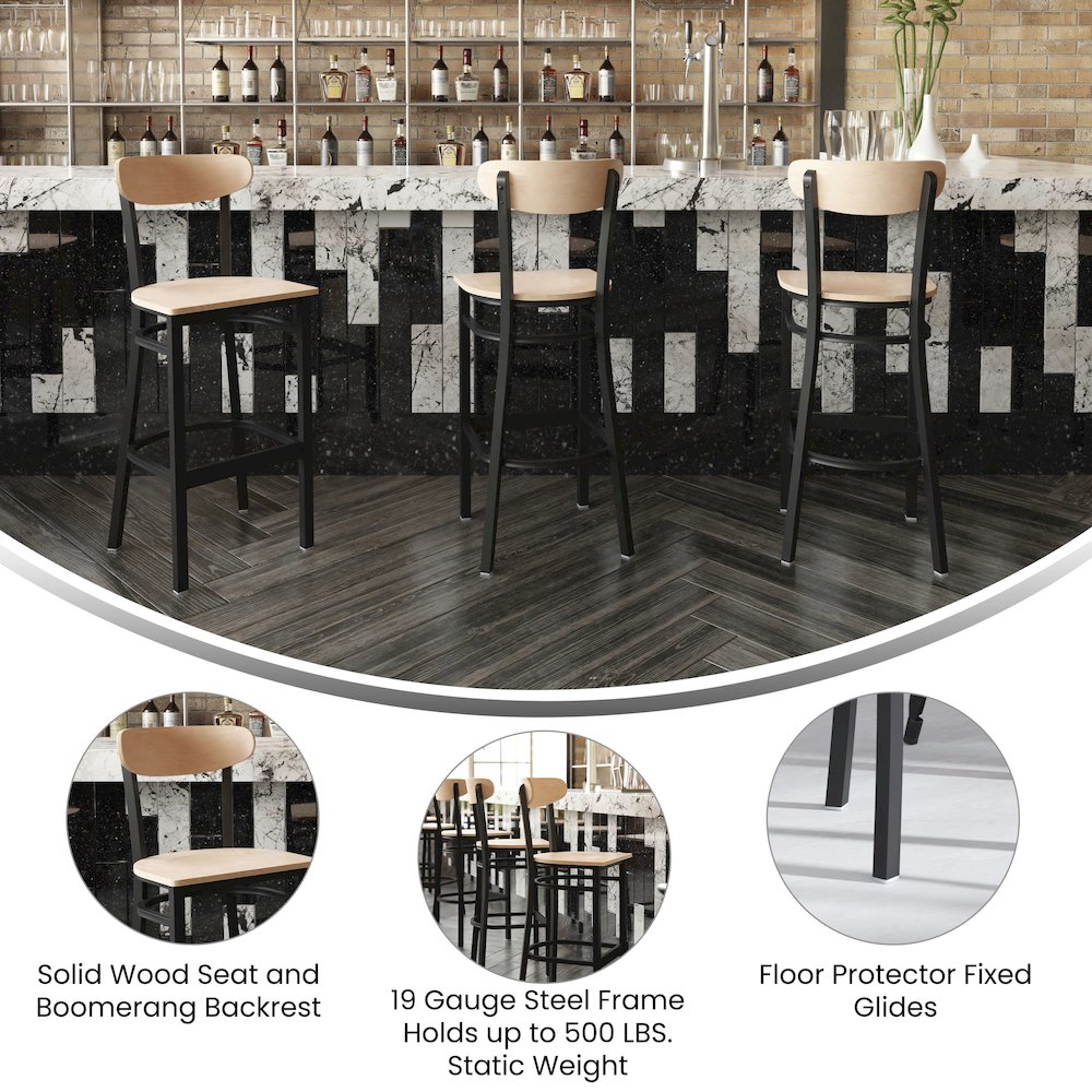 Commercial Grade Bar Stool with Solid Wood Back and Seat