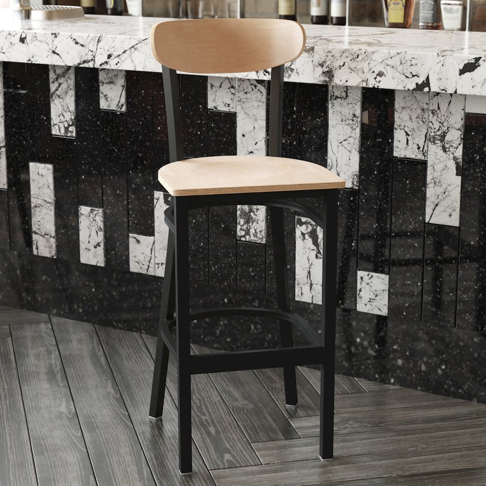 Commercial Grade Bar Stool with Solid Wood Back and Seat