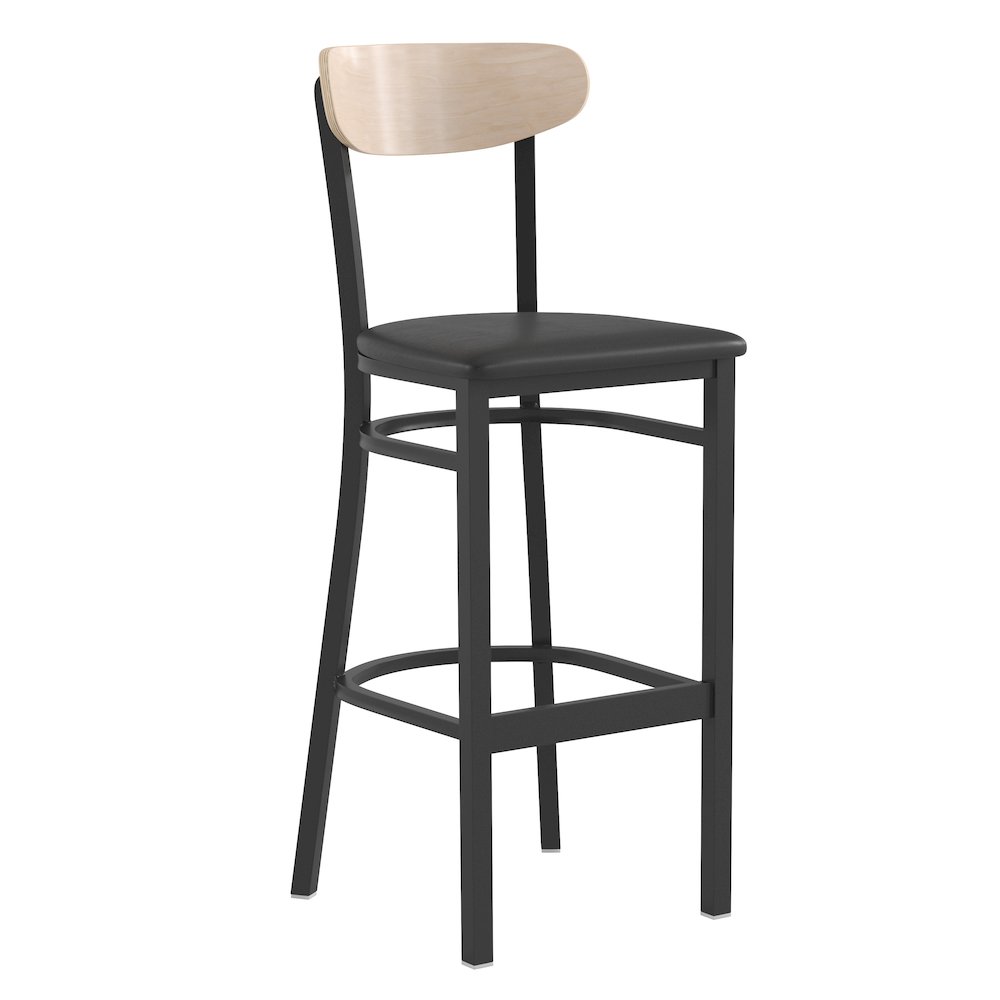Commercial Bar Stool with Vinyl Upholstered Seat and Wood Boomerang Back
