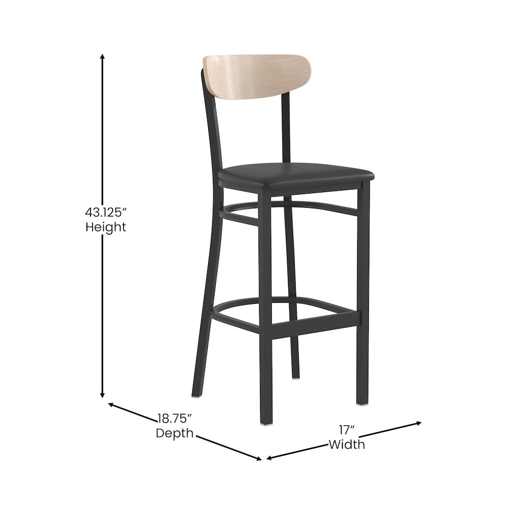 Commercial Bar Stool with Vinyl Upholstered Seat and Wood Boomerang Back