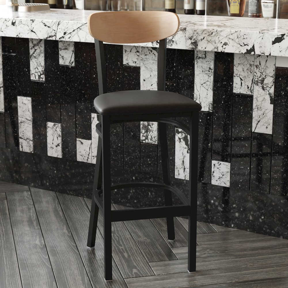 Commercial Bar Stool with Vinyl Upholstered Seat and Wood Boomerang Back