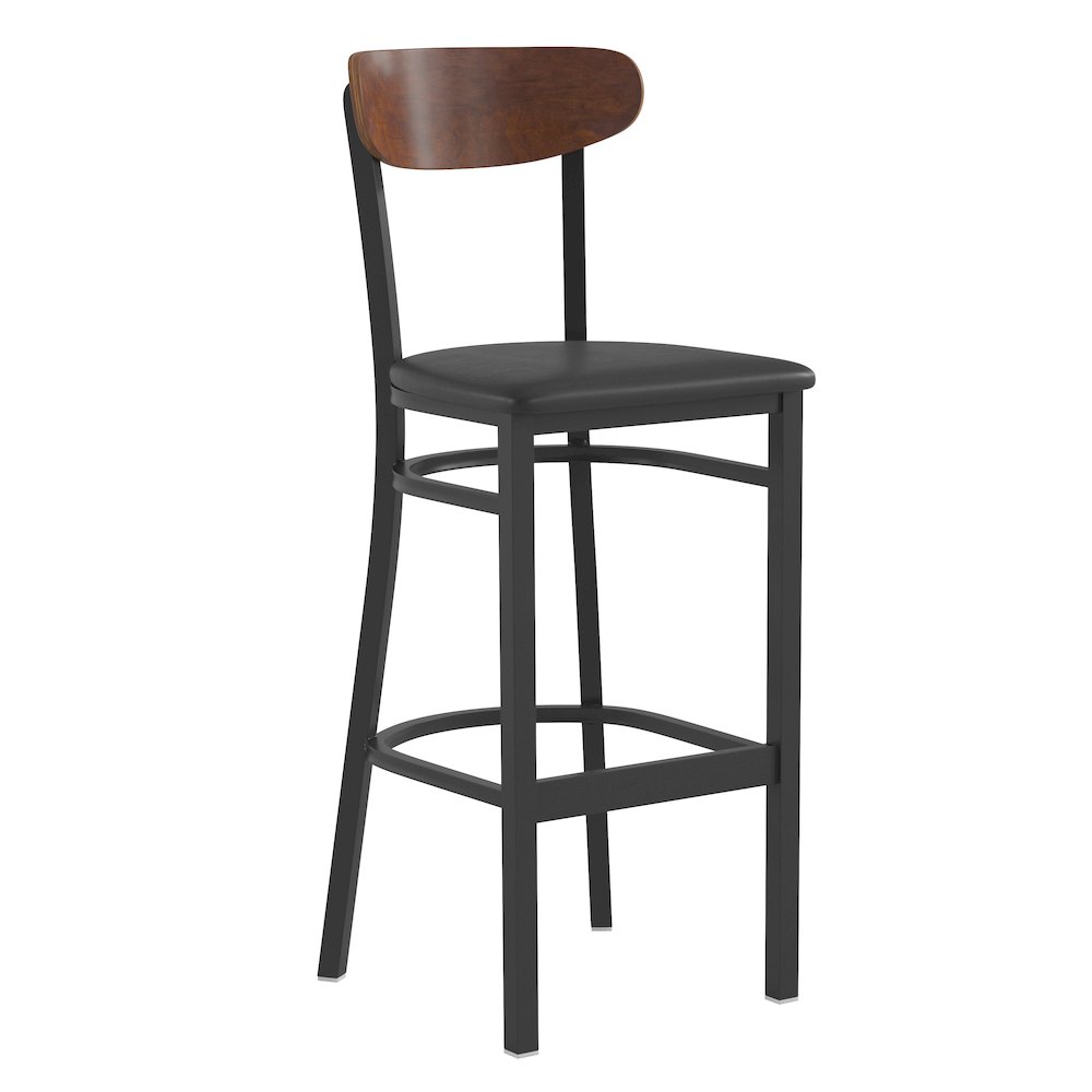Commercial Bar Stool with Vinyl Upholstered Seat and Wood Boomerang Back
