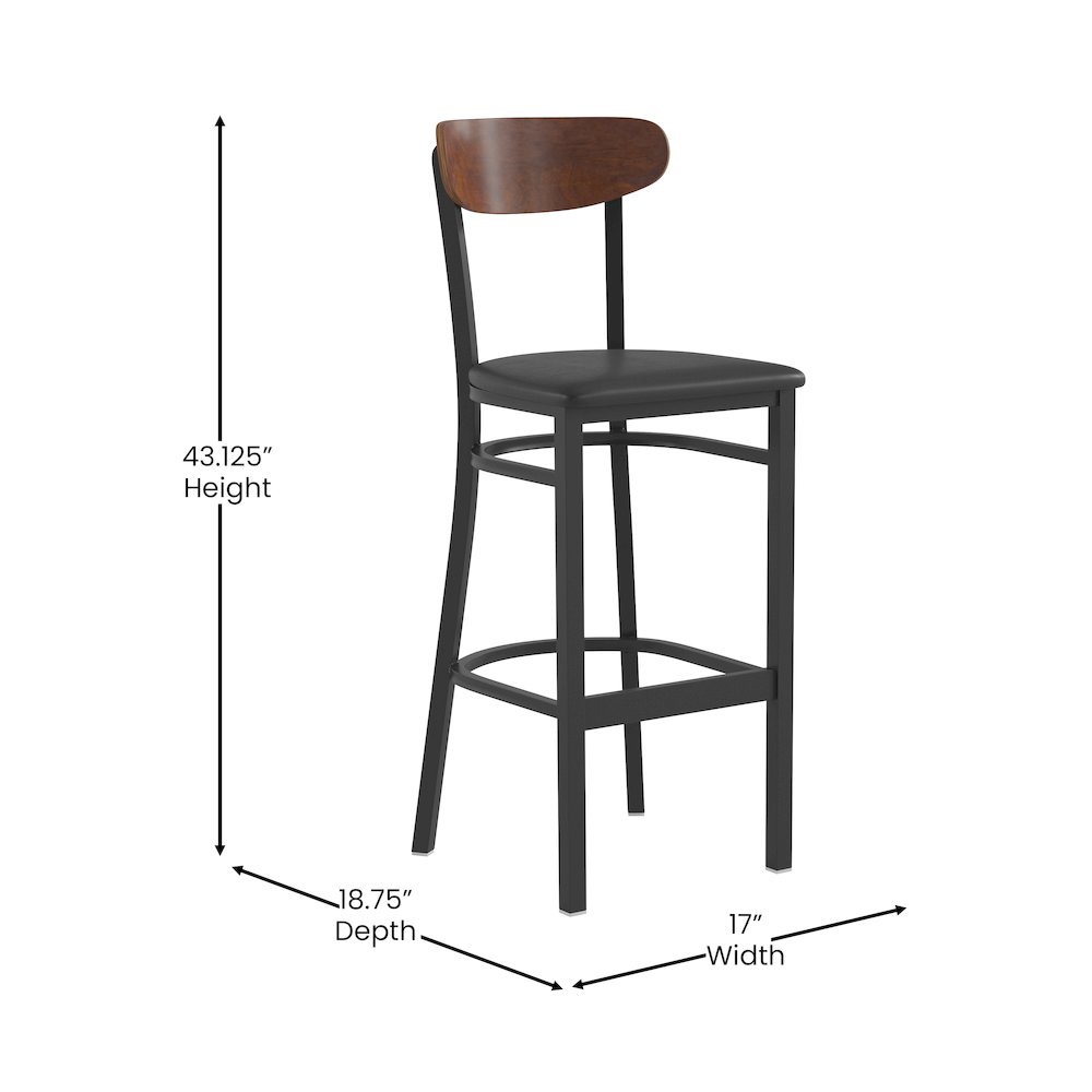 Commercial Bar Stool with Vinyl Upholstered Seat and Wood Boomerang Back
