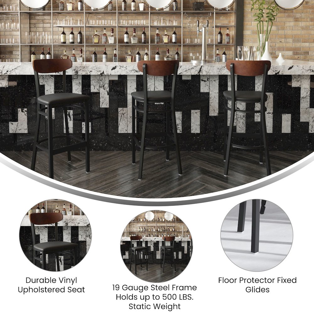 Commercial Bar Stool with Vinyl Upholstered Seat and Wood Boomerang Back