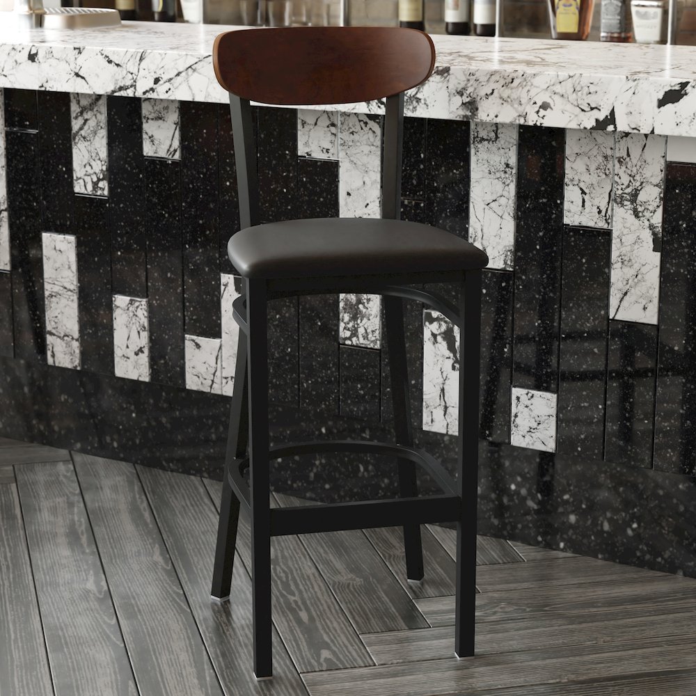Commercial Bar Stool with Vinyl Upholstered Seat and Wood Boomerang Back