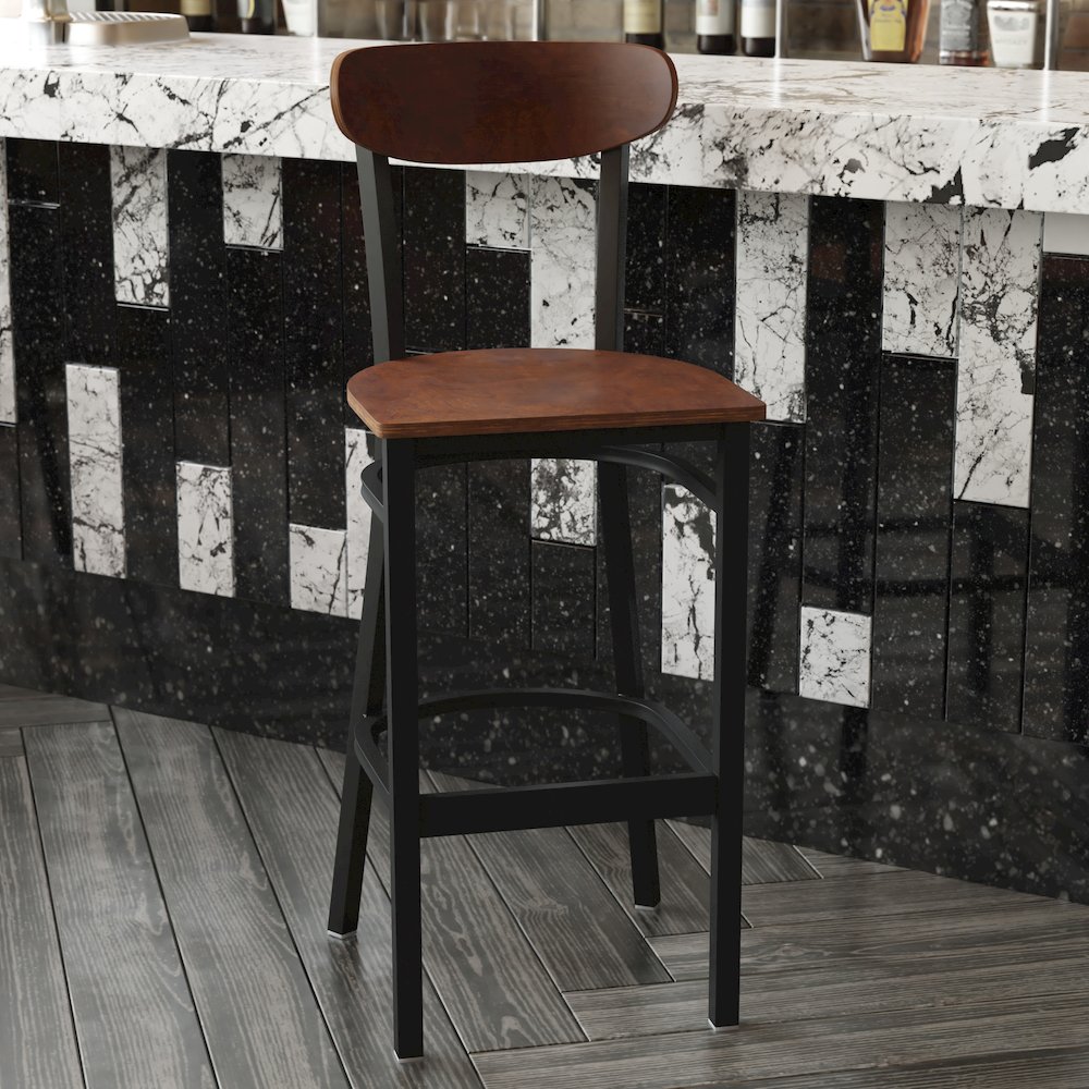 Commercial Grade Bar Stool with Solid Wood Back and Seat