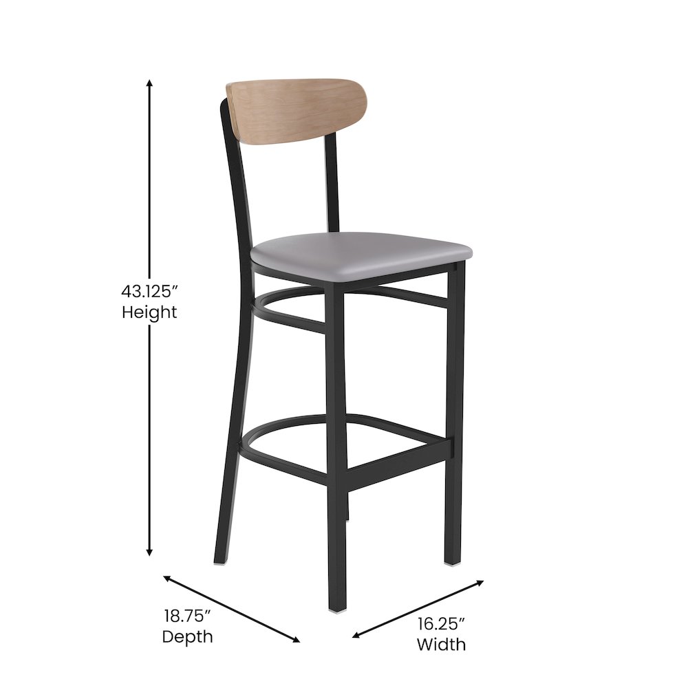Commercial Bar Stool with Vinyl Upholstered Seat and Wood Boomerang Back