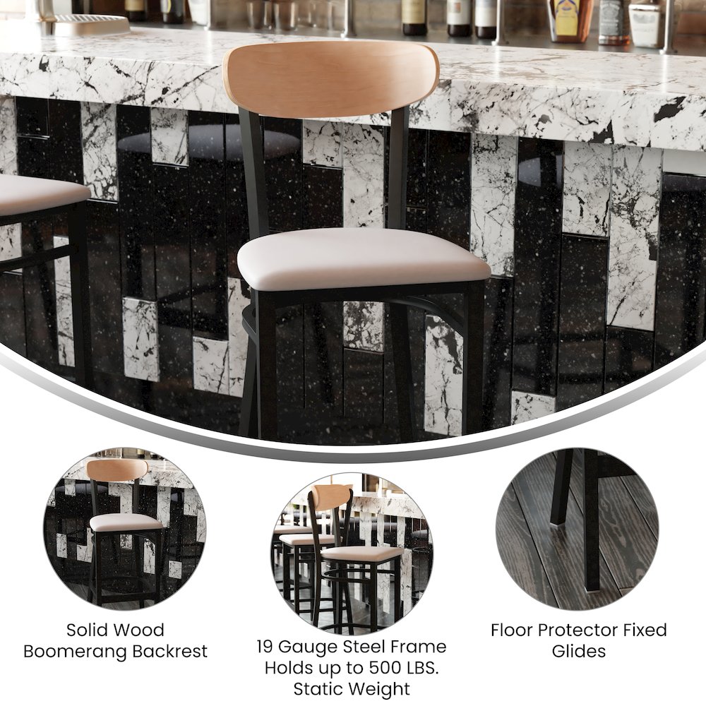 Commercial Bar Stool with Vinyl Upholstered Seat and Wood Boomerang Back