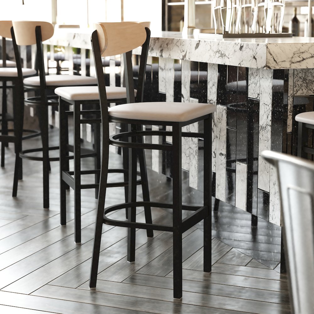 Commercial Bar Stool with Vinyl Upholstered Seat and Wood Boomerang Back