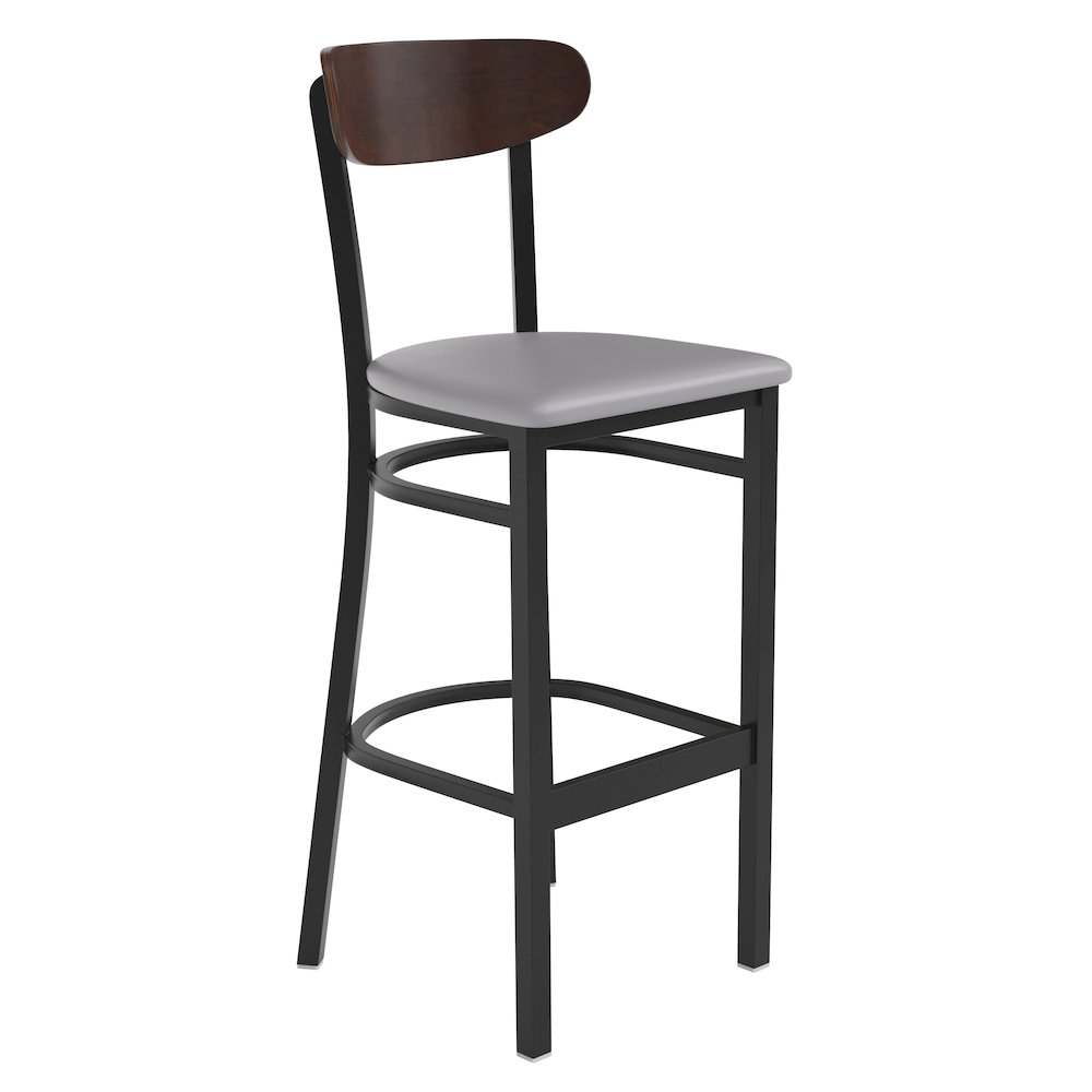 Commercial Bar Stool with Vinyl Upholstered Seat and Wood Boomerang Back