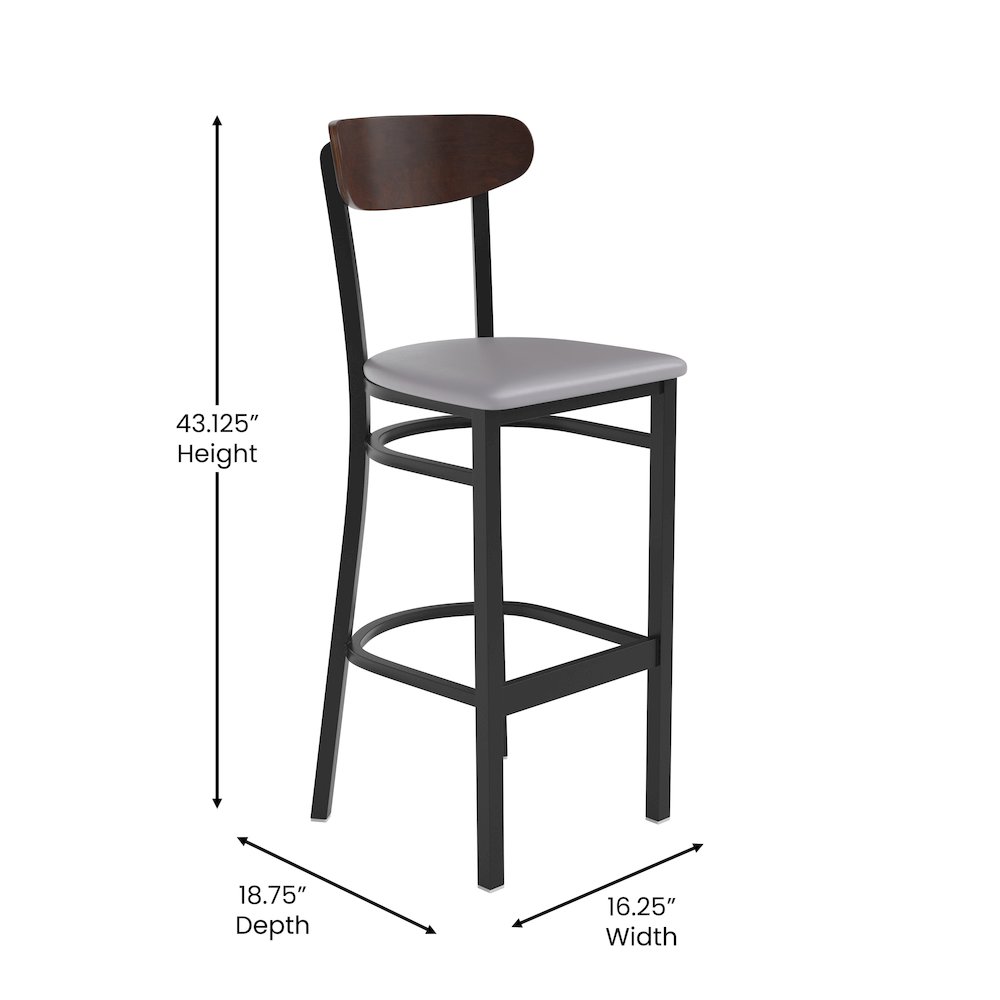Commercial Bar Stool with Vinyl Upholstered Seat and Wood Boomerang Back